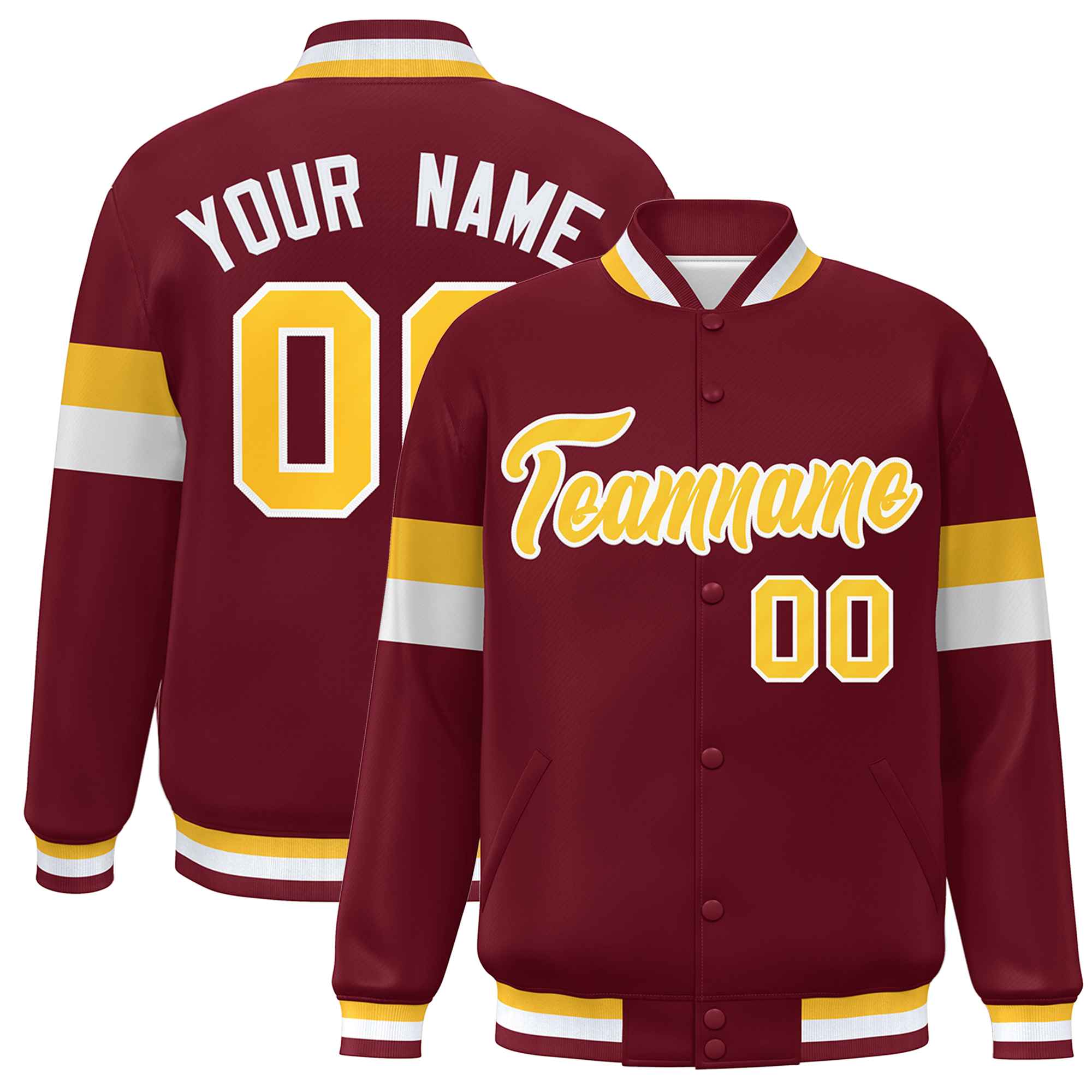 Custom Crimson Gold-White Color Block Bomber Varsity Full-Snap Baseball Jacket