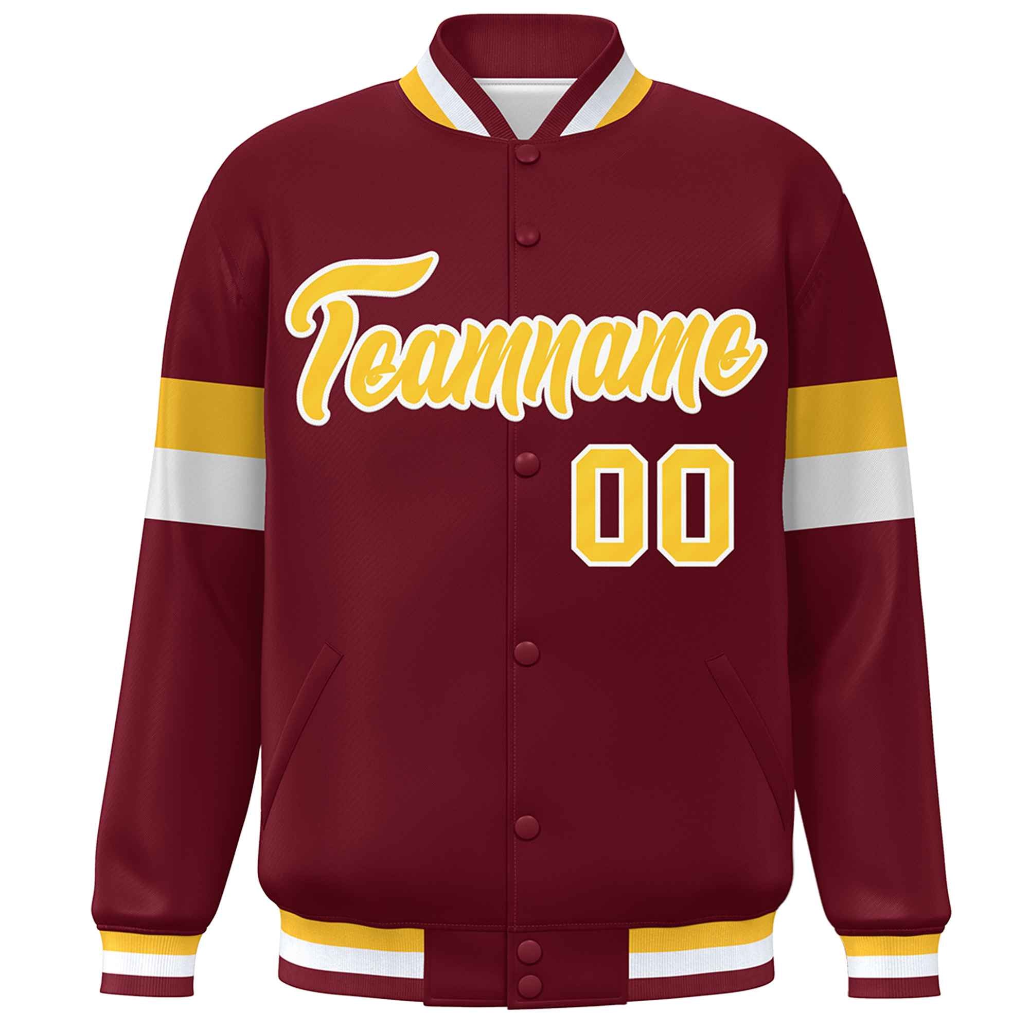 Custom Crimson Gold-White Color Block Bomber Varsity Full-Snap Baseball Jacket