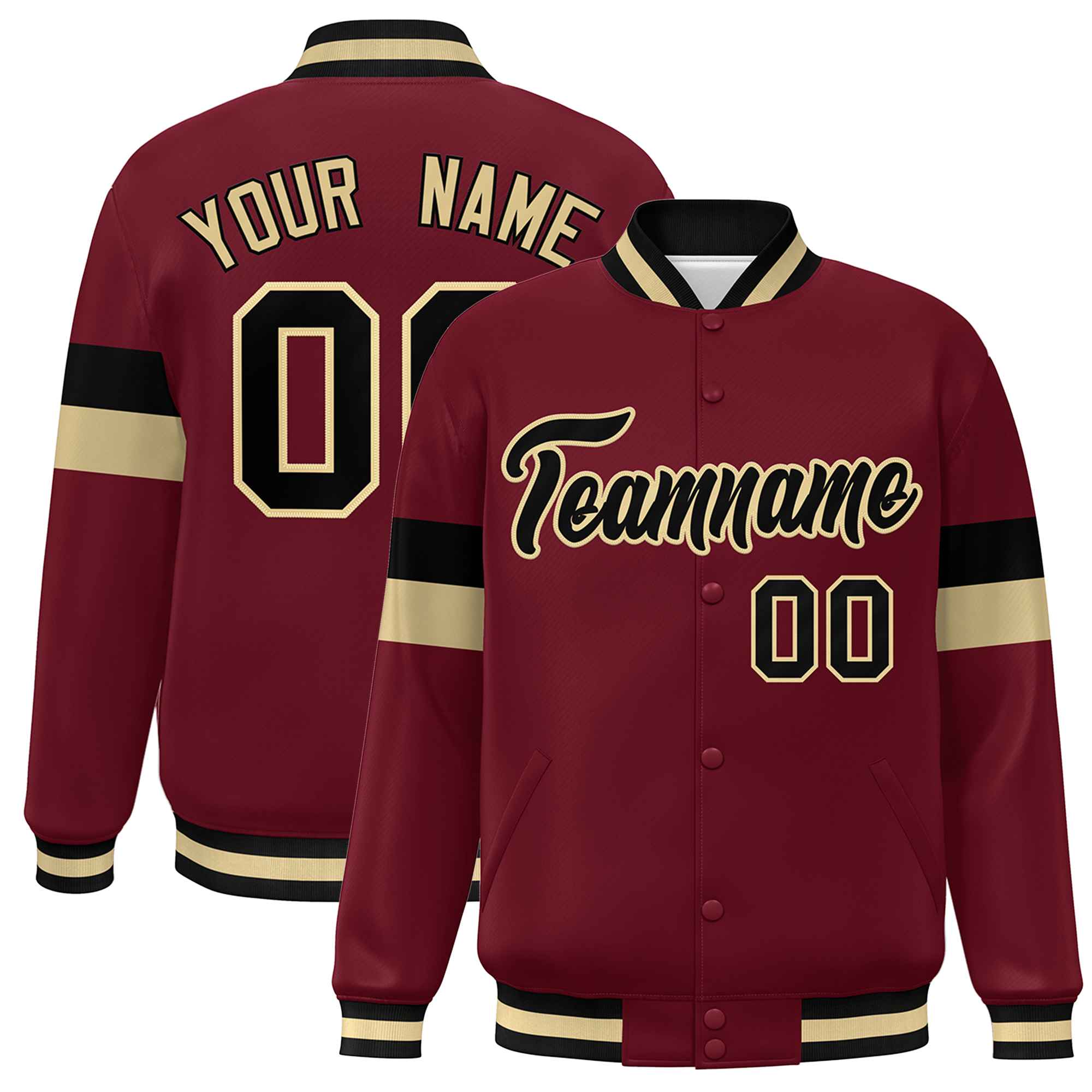 Custom Crimson Black-Khaki Color Block Bomber Varsity Full-Snap Baseball Jacket