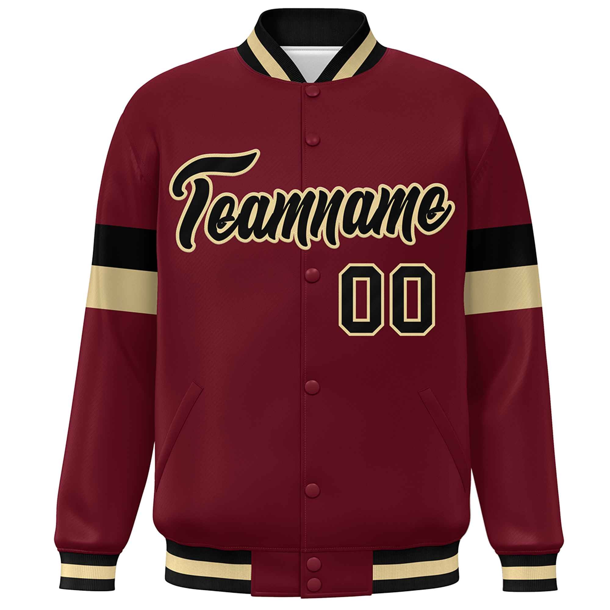 Custom Crimson Black-Khaki Color Block Bomber Varsity Full-Snap Baseball Jacket