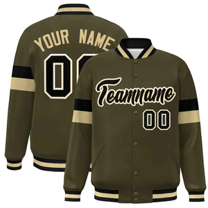 Custom Olive Black-White Color Block Bomber Varsity Full-Snap Baseball Jacket