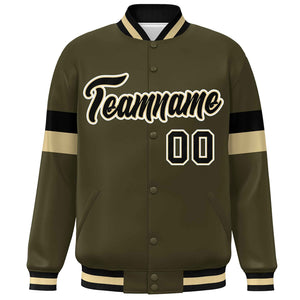 Custom Olive Black-White Color Block Bomber Varsity Full-Snap Baseball Jacket