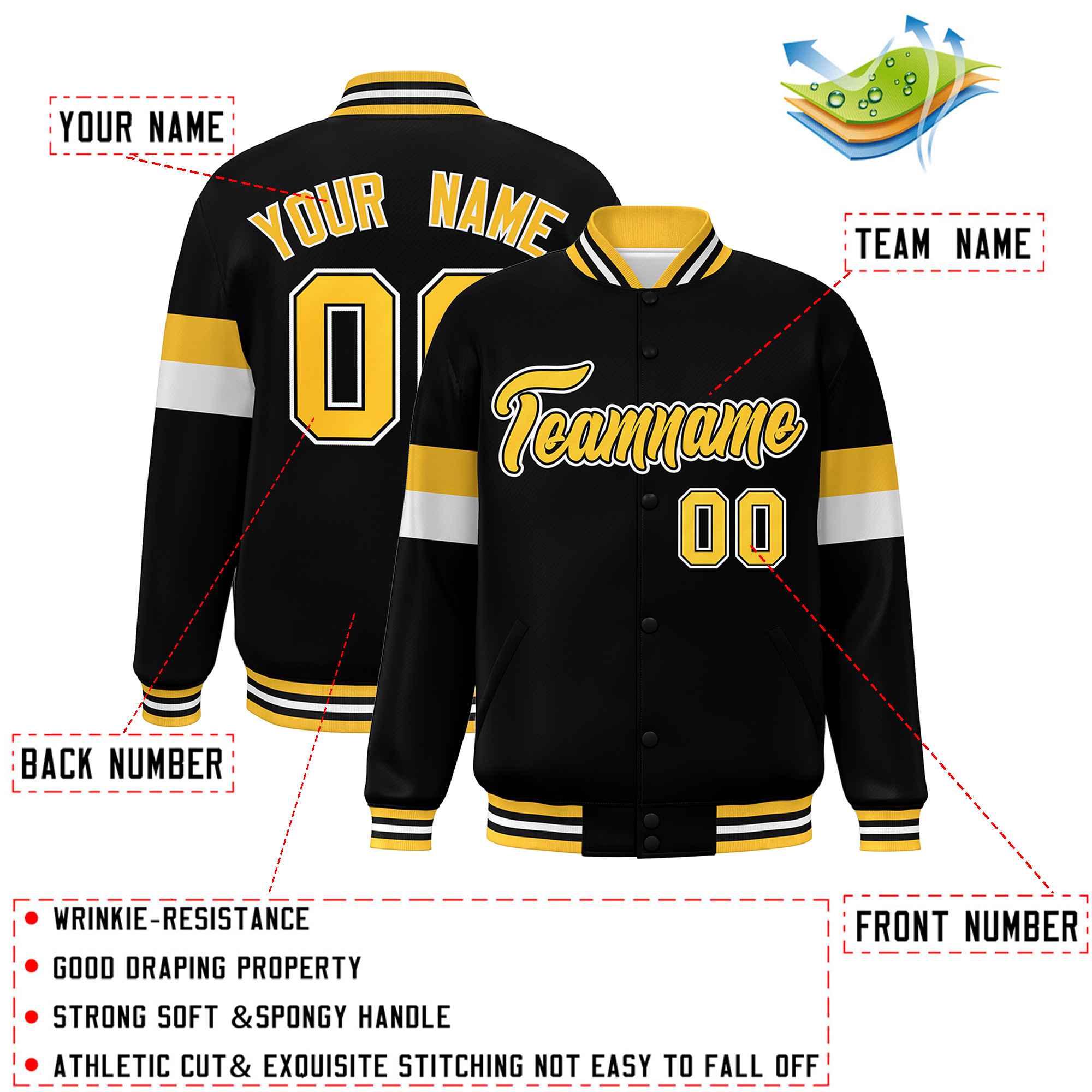 Custom Black Gold-White Color Block Bomber Varsity Full-Snap Baseball Jacket