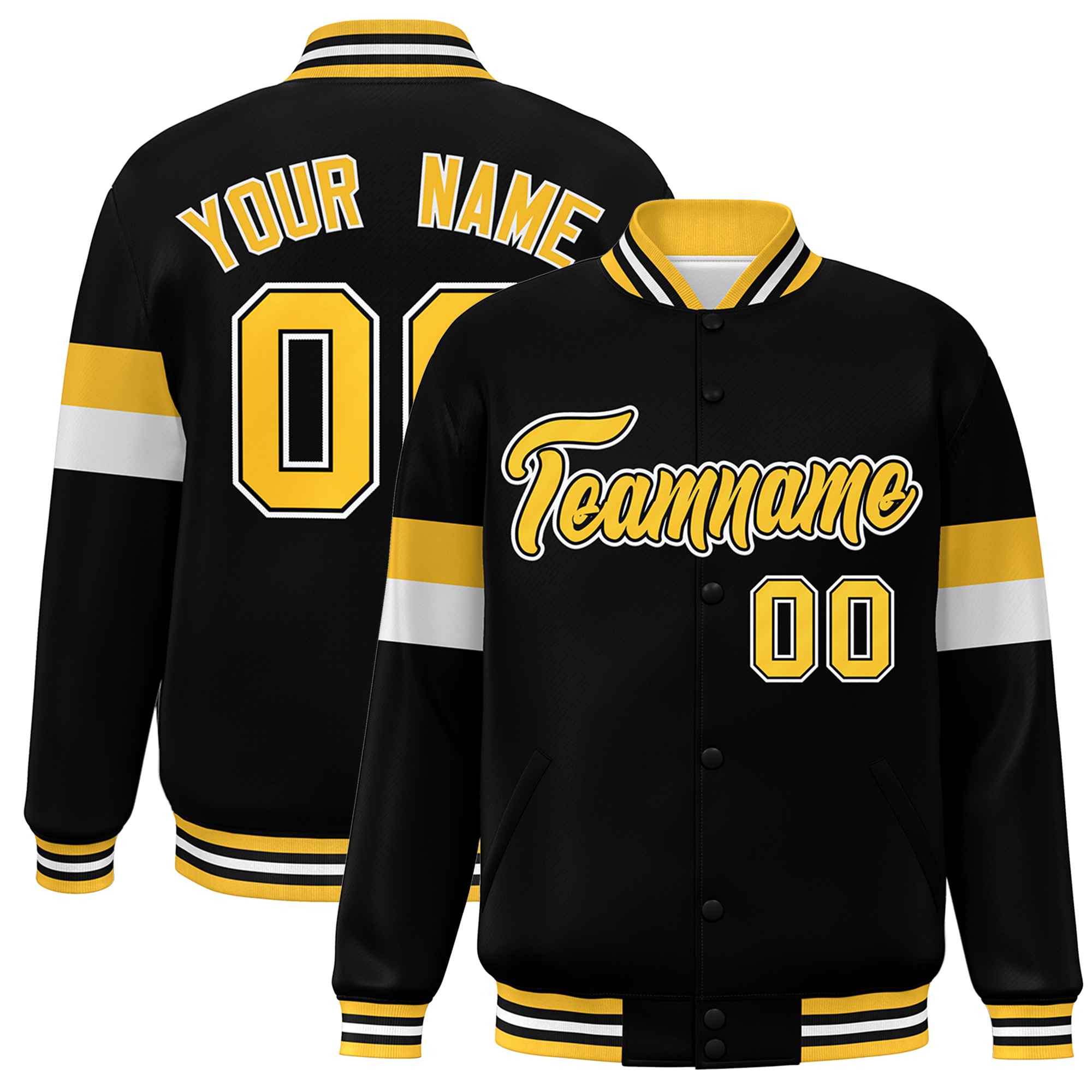 Custom Black Gold-White Color Block Bomber Varsity Full-Snap Baseball Jacket