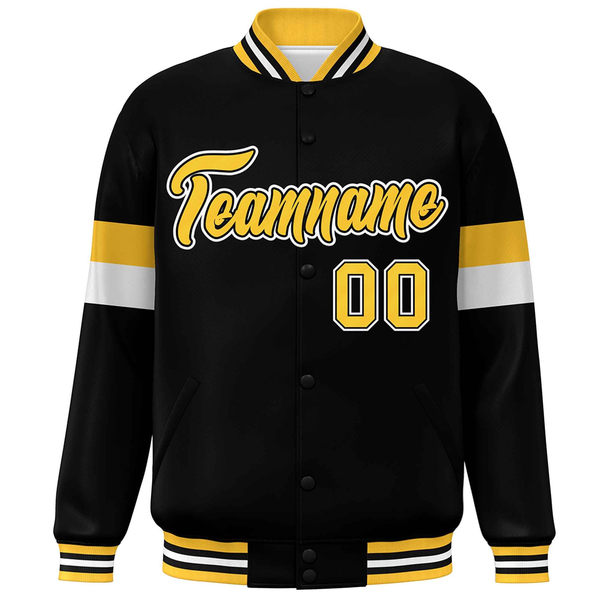 Custom Black Gold-White Color Block Bomber Varsity Full-Snap Baseball Jacket