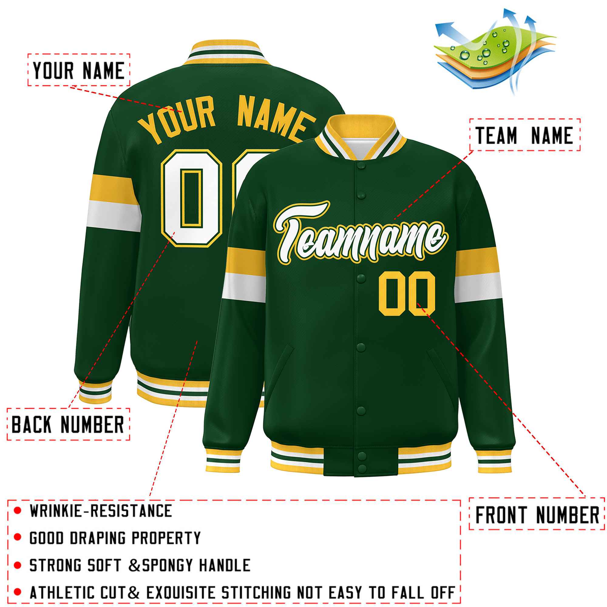 Custom Green White-Gold Color Block Bomber Varsity Full-Snap Baseball Jacket