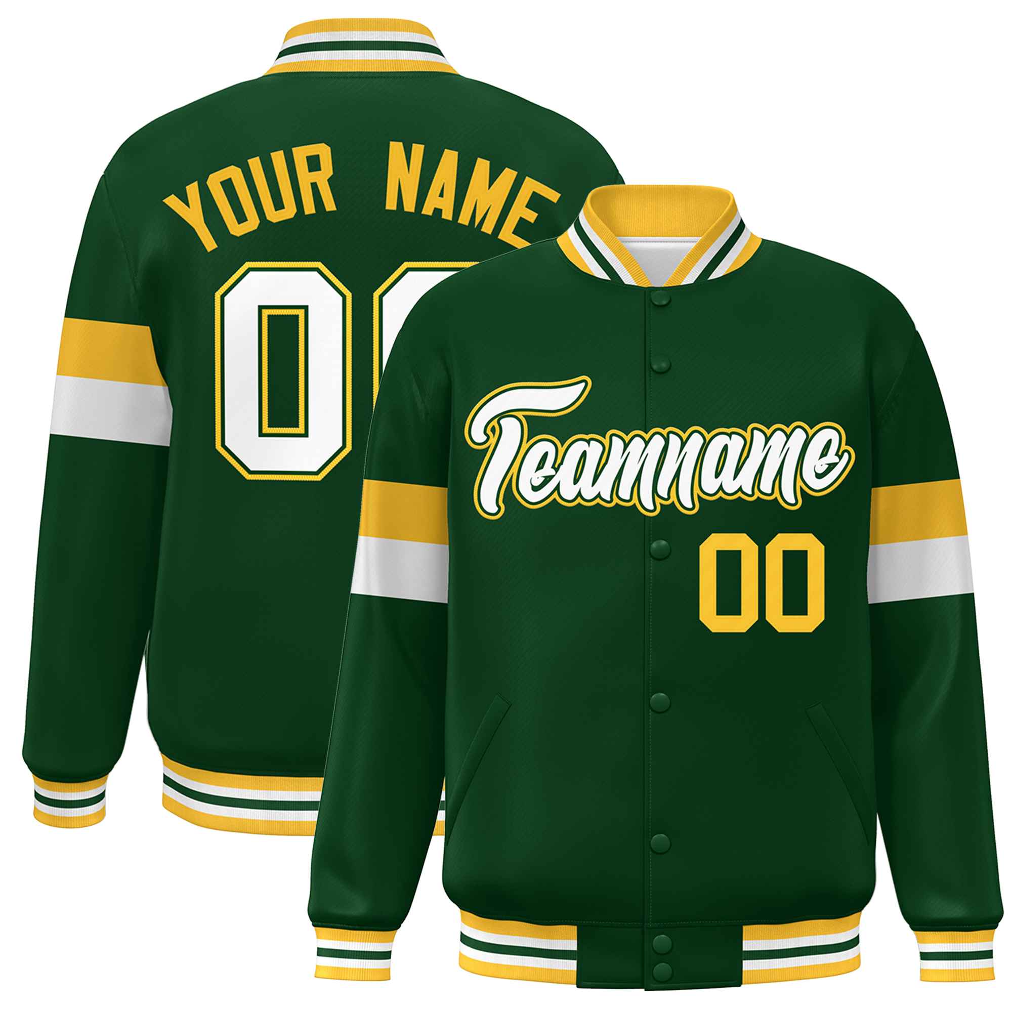 Custom Green White-Gold Color Block Bomber Varsity Full-Snap Baseball Jacket