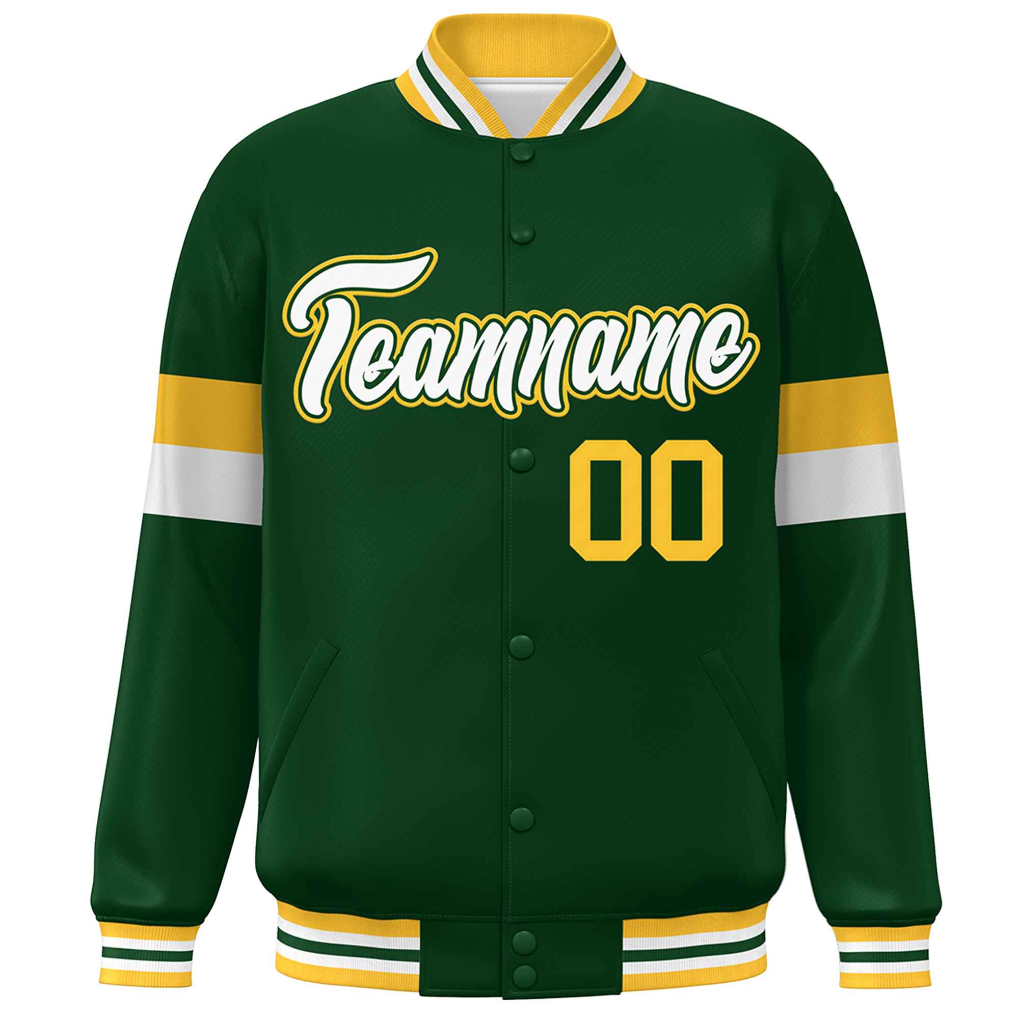 Custom Green White-Gold Color Block Bomber Varsity Full-Snap Baseball Jacket