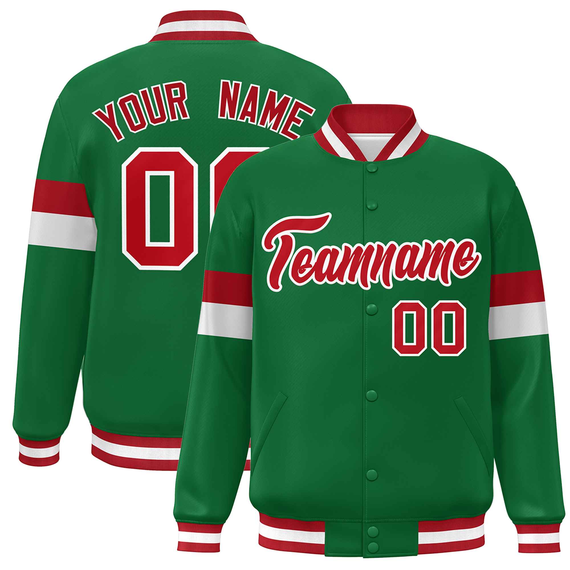 Custom Kelly Green Red-White Color Block Bomber Varsity Full-Snap Baseball Jacket