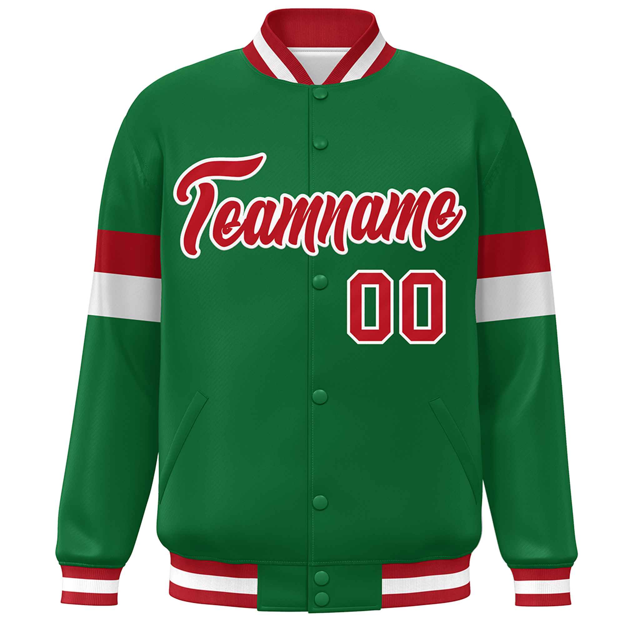 Custom Kelly Green Red-White Color Block Bomber Varsity Full-Snap Baseball Jacket