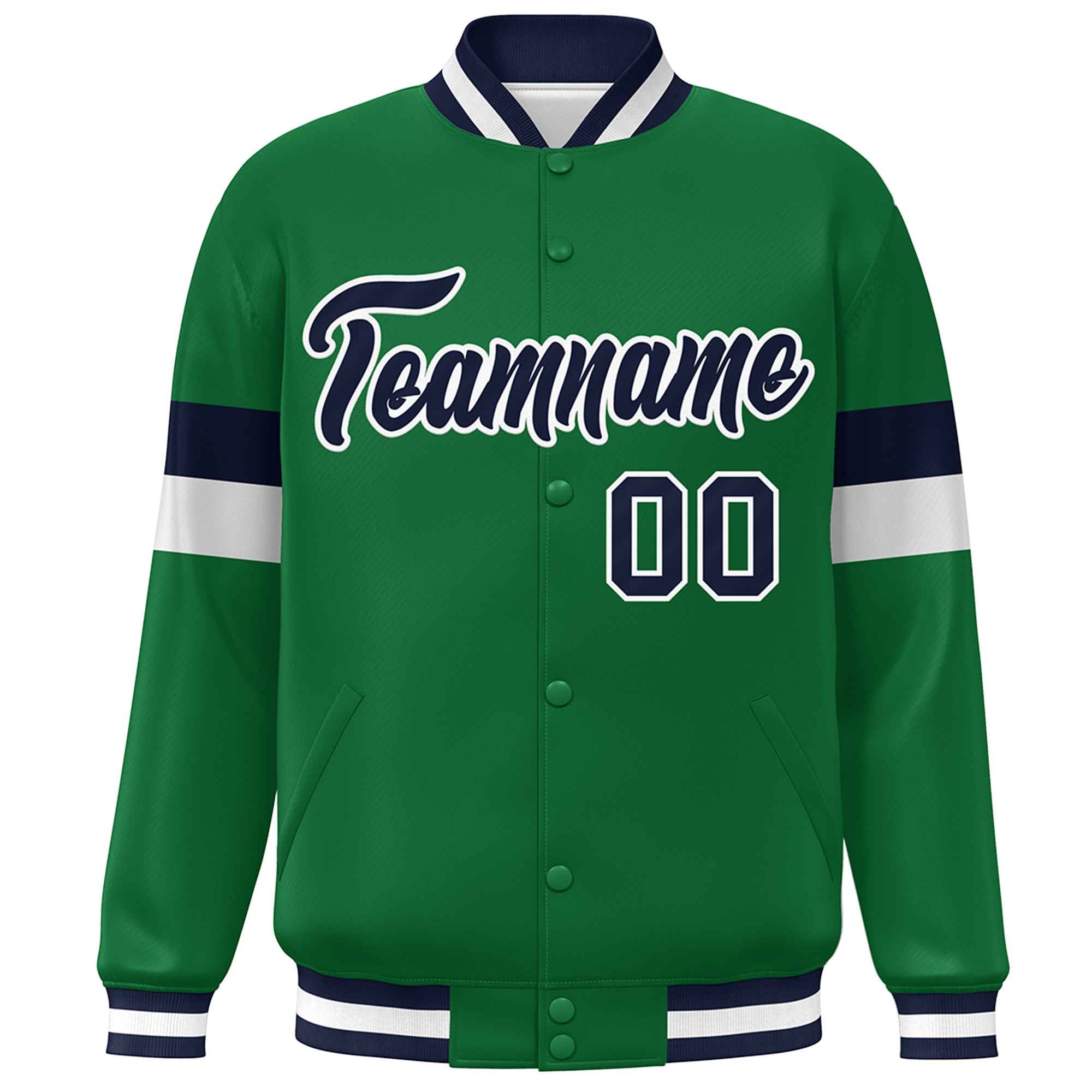 Custom Kelly Green Navy-White Color Block Bomber Varsity Full-Snap Baseball Jacket