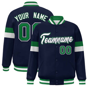 Custom Navy White-Kelly Green Color Block Bomber Varsity Full-Snap Baseball Jacket