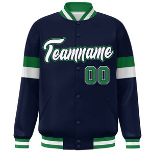 Custom Navy White-Kelly Green Color Block Bomber Varsity Full-Snap Baseball Jacket