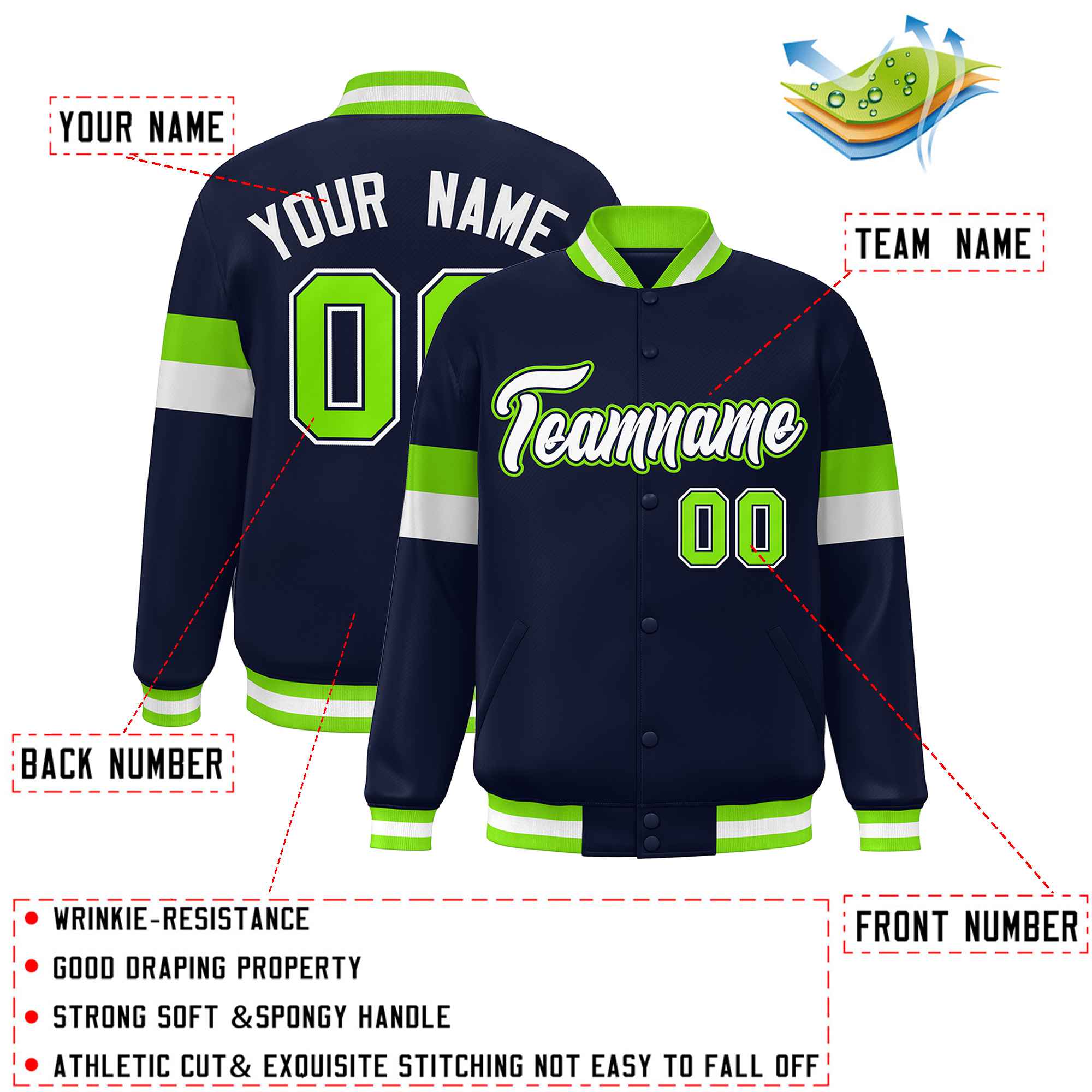 Custom Navy White-Neon Green Color Block Bomber Varsity Full-Snap Baseball Jacket