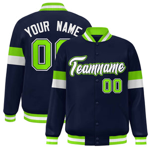 Custom Navy White-Neon Green Color Block Bomber Varsity Full-Snap Baseball Jacket