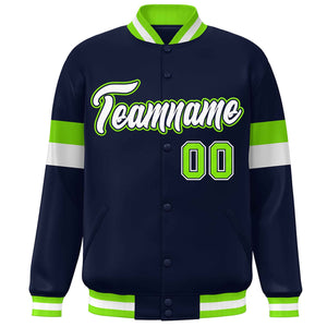 Custom Navy White-Neon Green Color Block Bomber Varsity Full-Snap Baseball Jacket