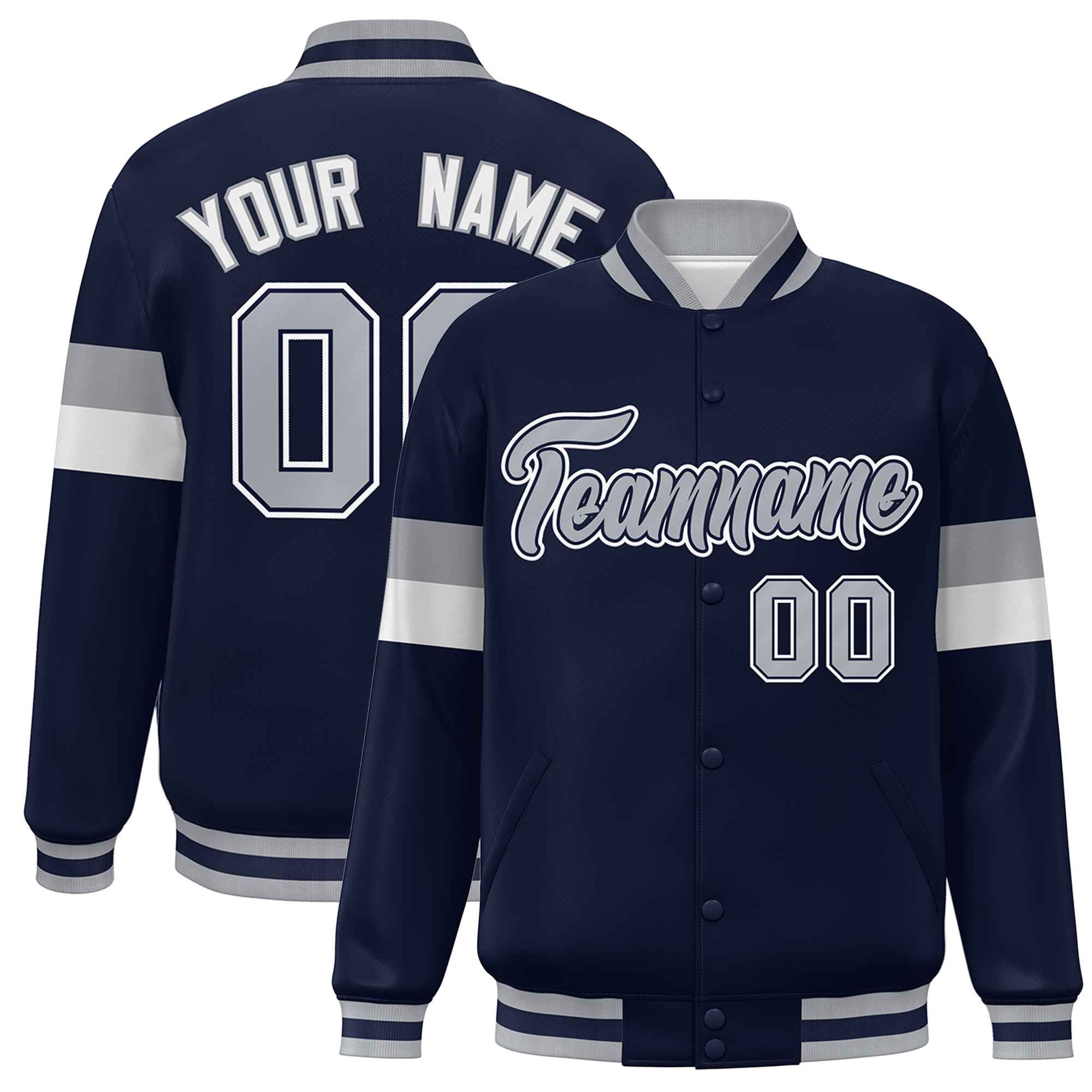 Custom Navy Gray-White Color Block Bomber Varsity Full-Snap Baseball Jacket