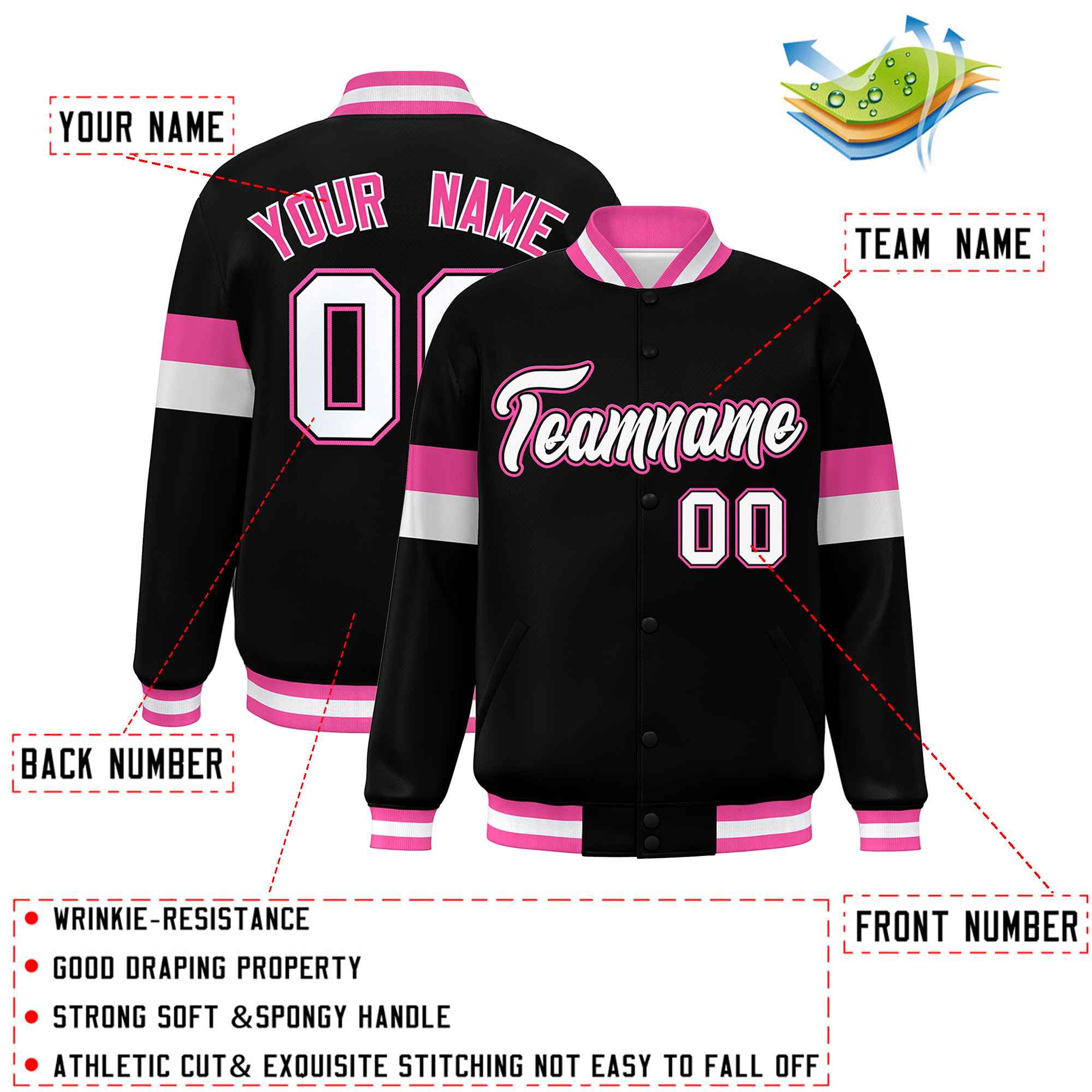 Custom Black White-Pink Color Block Bomber Varsity Full-Snap Baseball Jacket