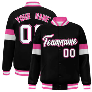 Custom Black White-Pink Color Block Bomber Varsity Full-Snap Baseball Jacket