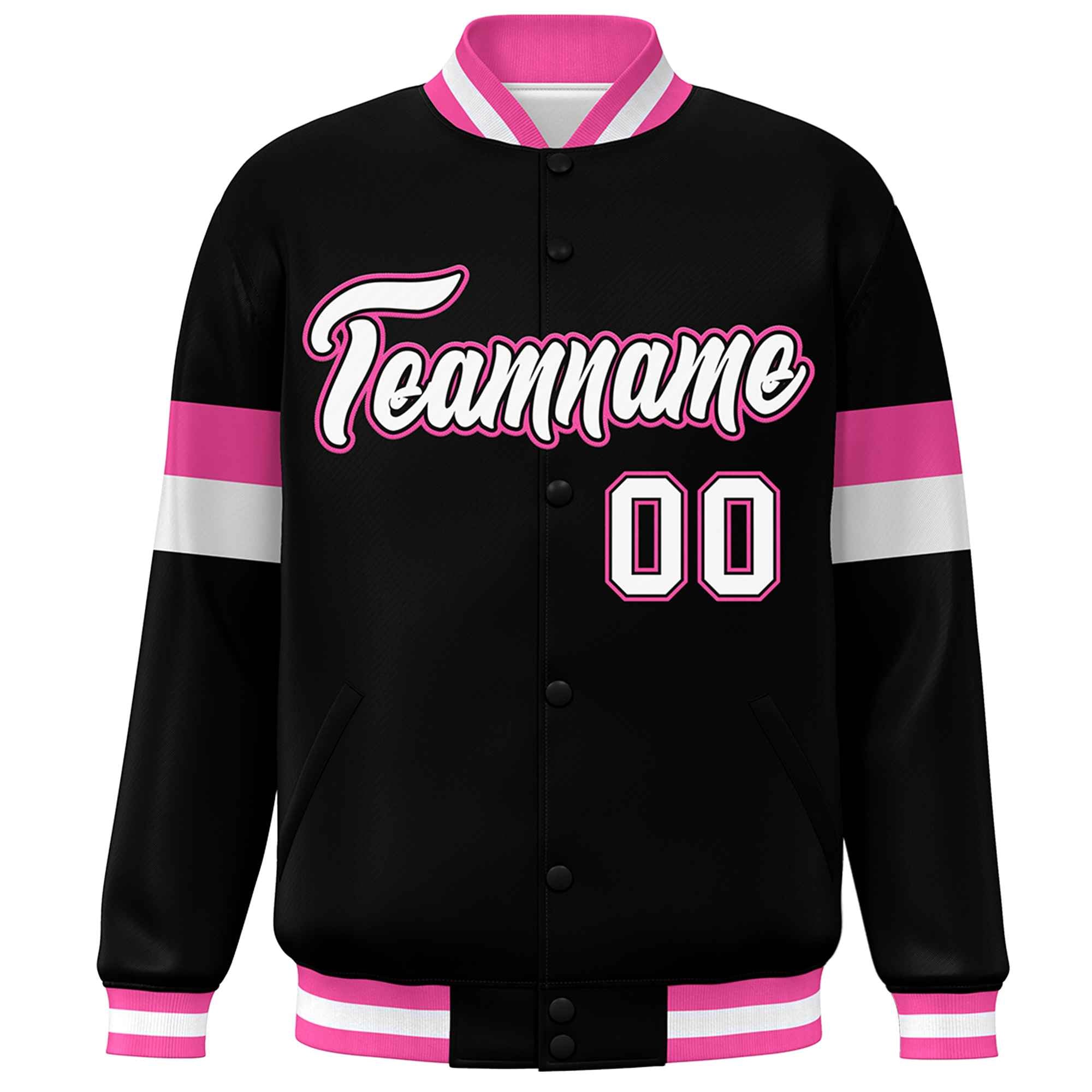 Custom Black White-Pink Color Block Bomber Varsity Full-Snap Baseball Jacket