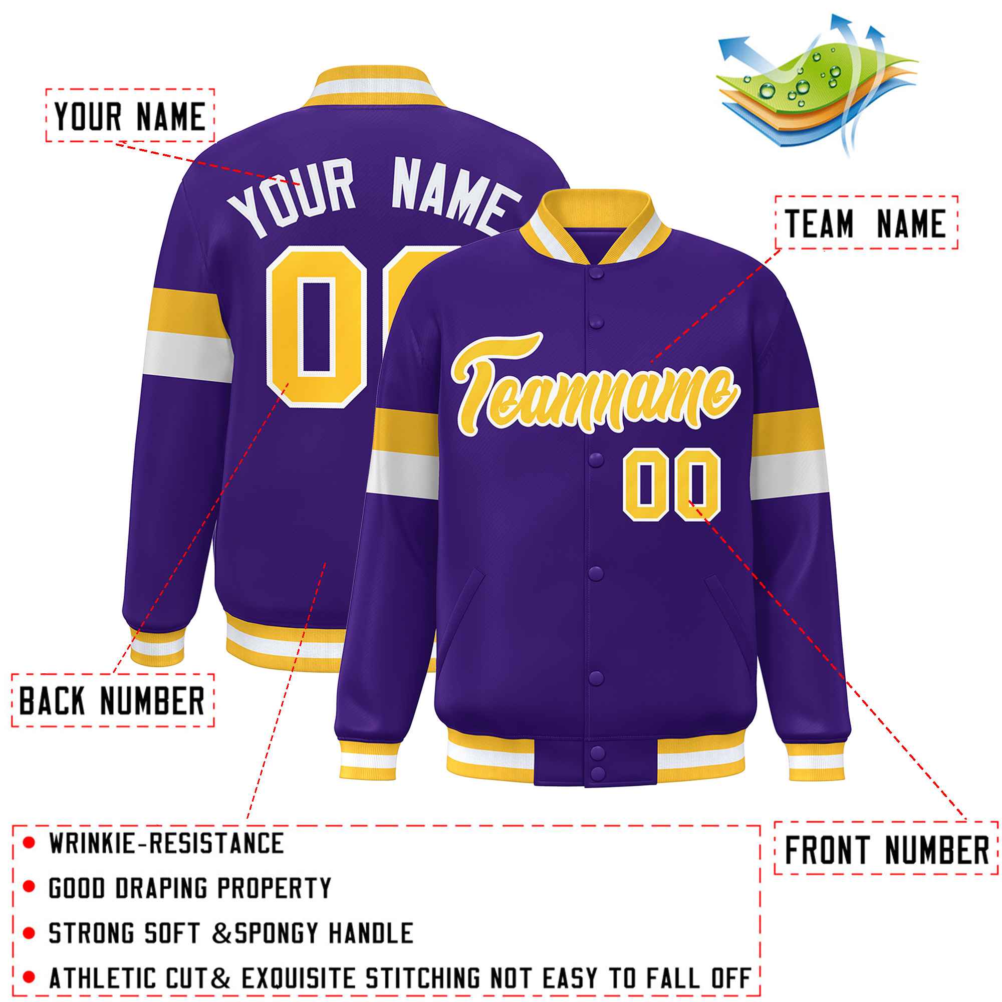 Custom Purple Gold-White Color Block Bomber Varsity Full-Snap Baseball Jacket