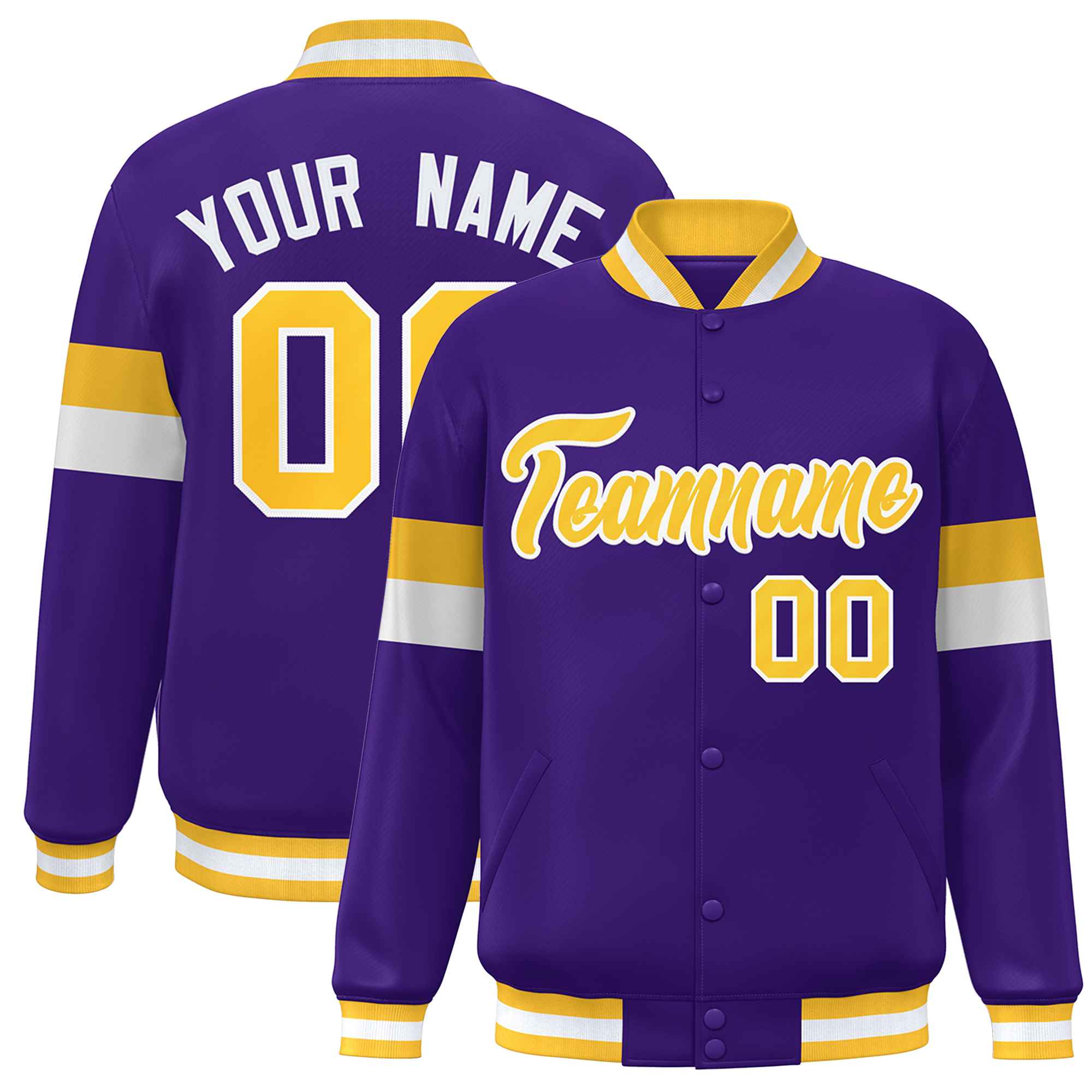 Custom Purple Gold-White Color Block Bomber Varsity Full-Snap Baseball Jacket