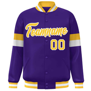 Custom Purple Gold-White Color Block Bomber Varsity Full-Snap Baseball Jacket