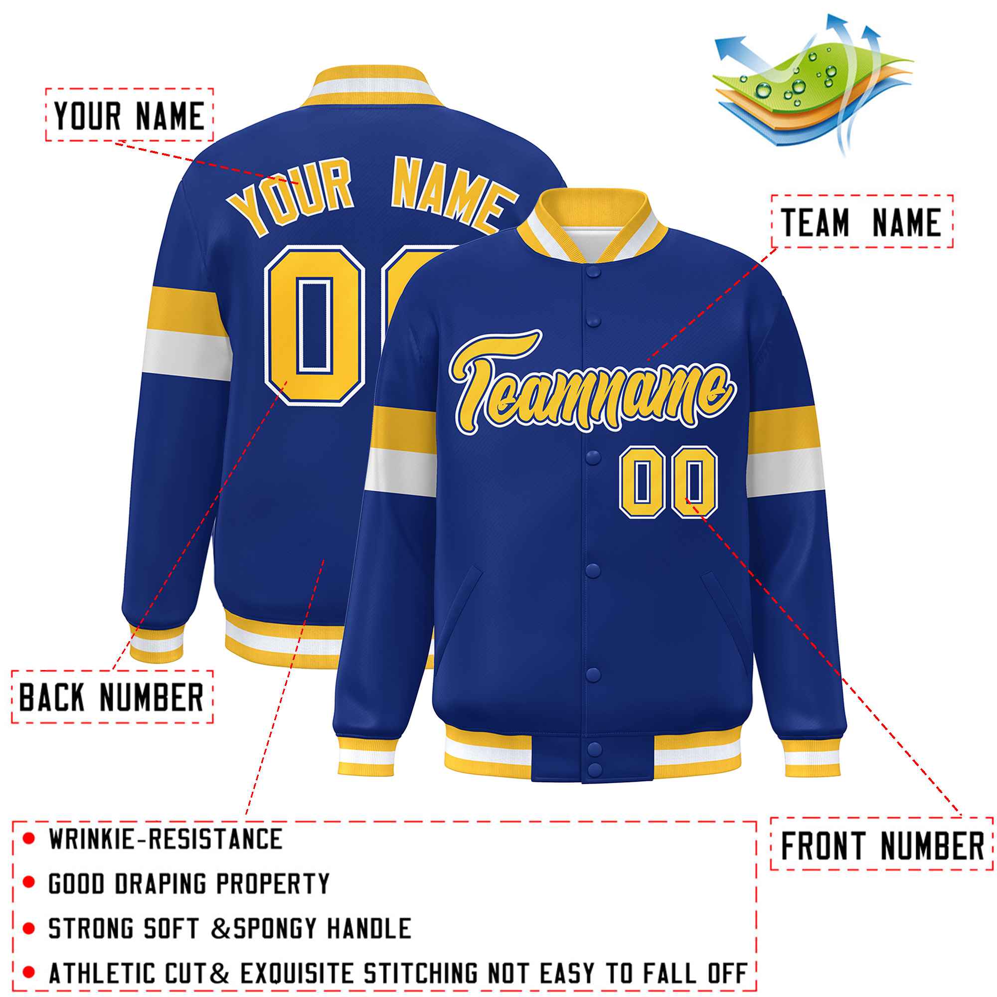 Custom Royal Gold-White Color Block Bomber Varsity Full-Snap Baseball Jacket