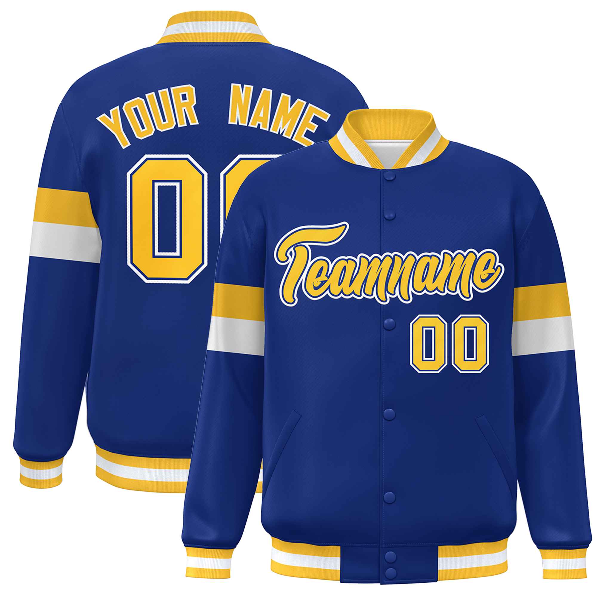 Custom Royal Gold-White Color Block Bomber Varsity Full-Snap Baseball Jacket