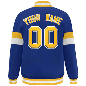 Custom Royal Gold-White Color Block Bomber Varsity Full-Snap Baseball Jacket