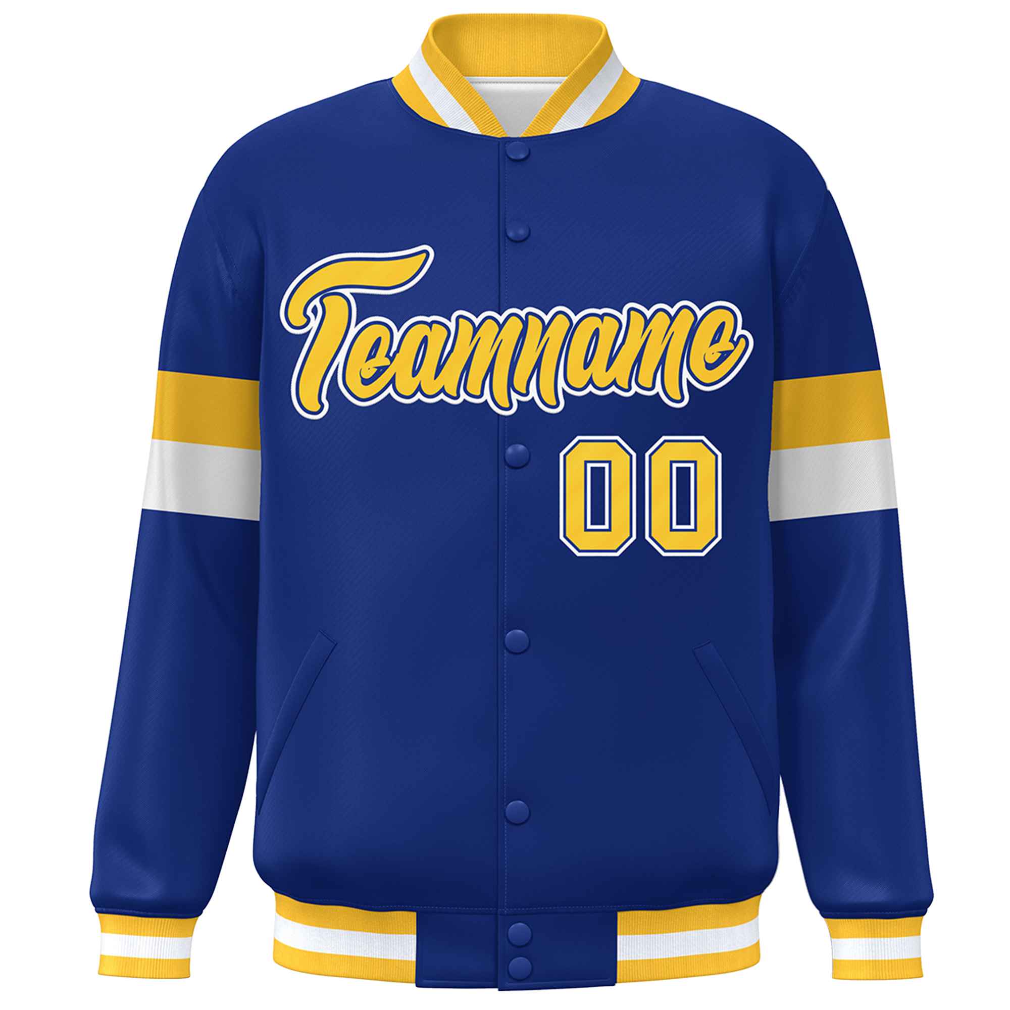 Custom Royal Gold-White Color Block Bomber Varsity Full-Snap Baseball Jacket