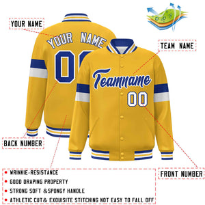 Custom Gold Royal-White Color Block Bomber Varsity Full-Snap Baseball Jacket