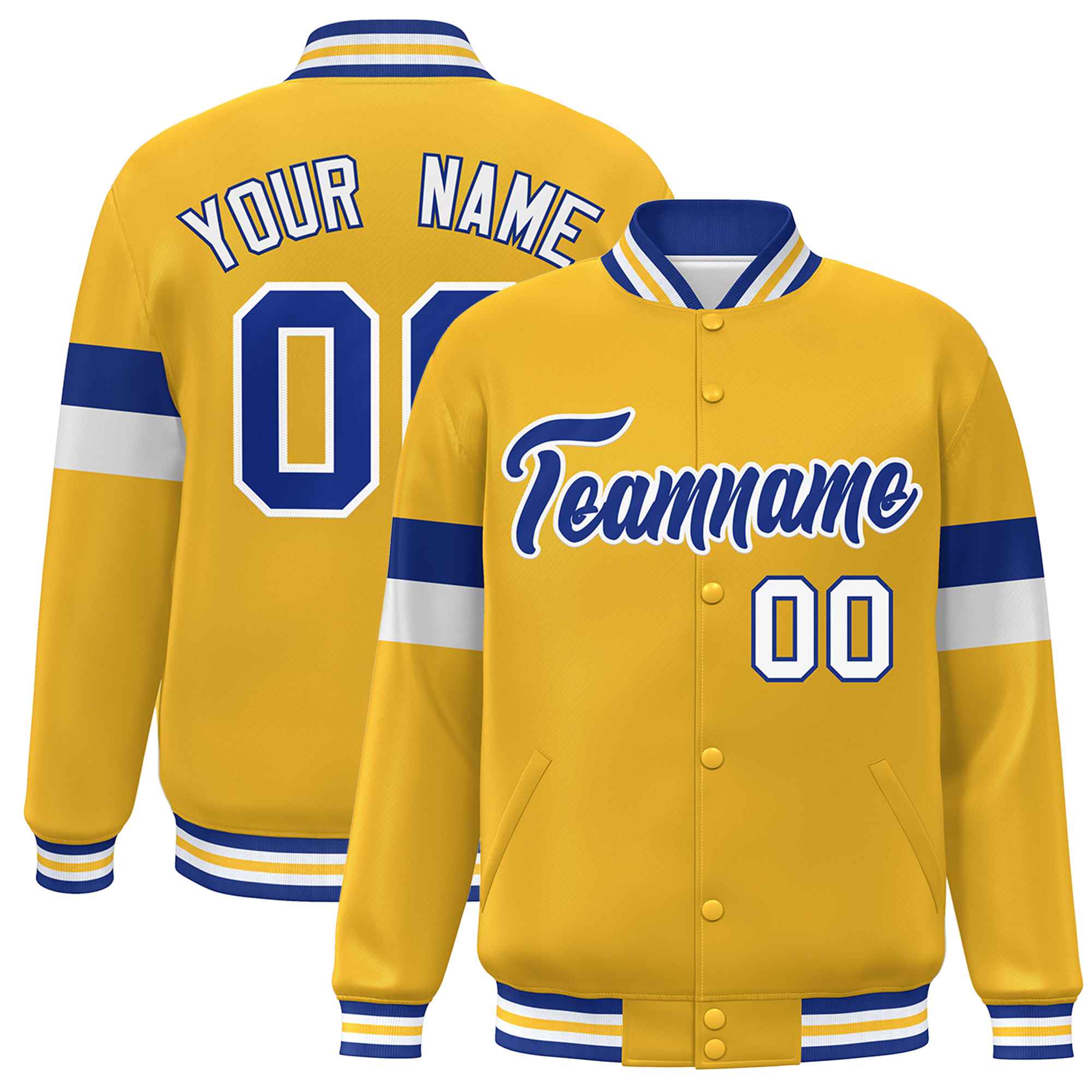 Custom Gold Royal-White Color Block Bomber Varsity Full-Snap Baseball Jacket