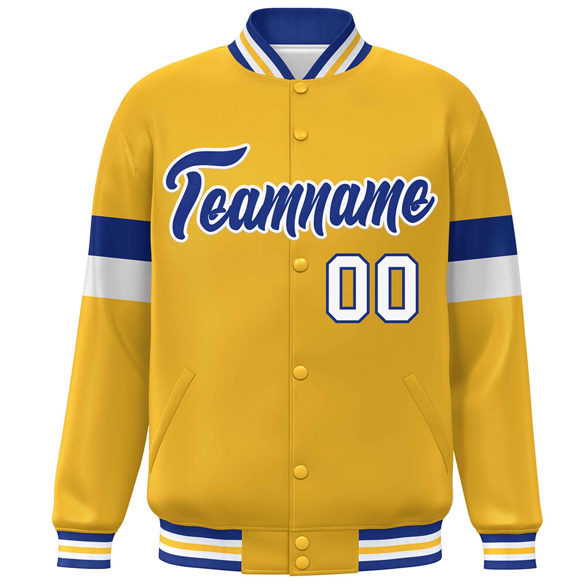 Custom Gold Royal-White Color Block Bomber Varsity Full-Snap Baseball Jacket