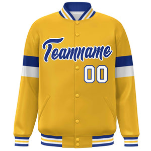 Custom Gold Royal-White Color Block Bomber Varsity Full-Snap Baseball Jacket