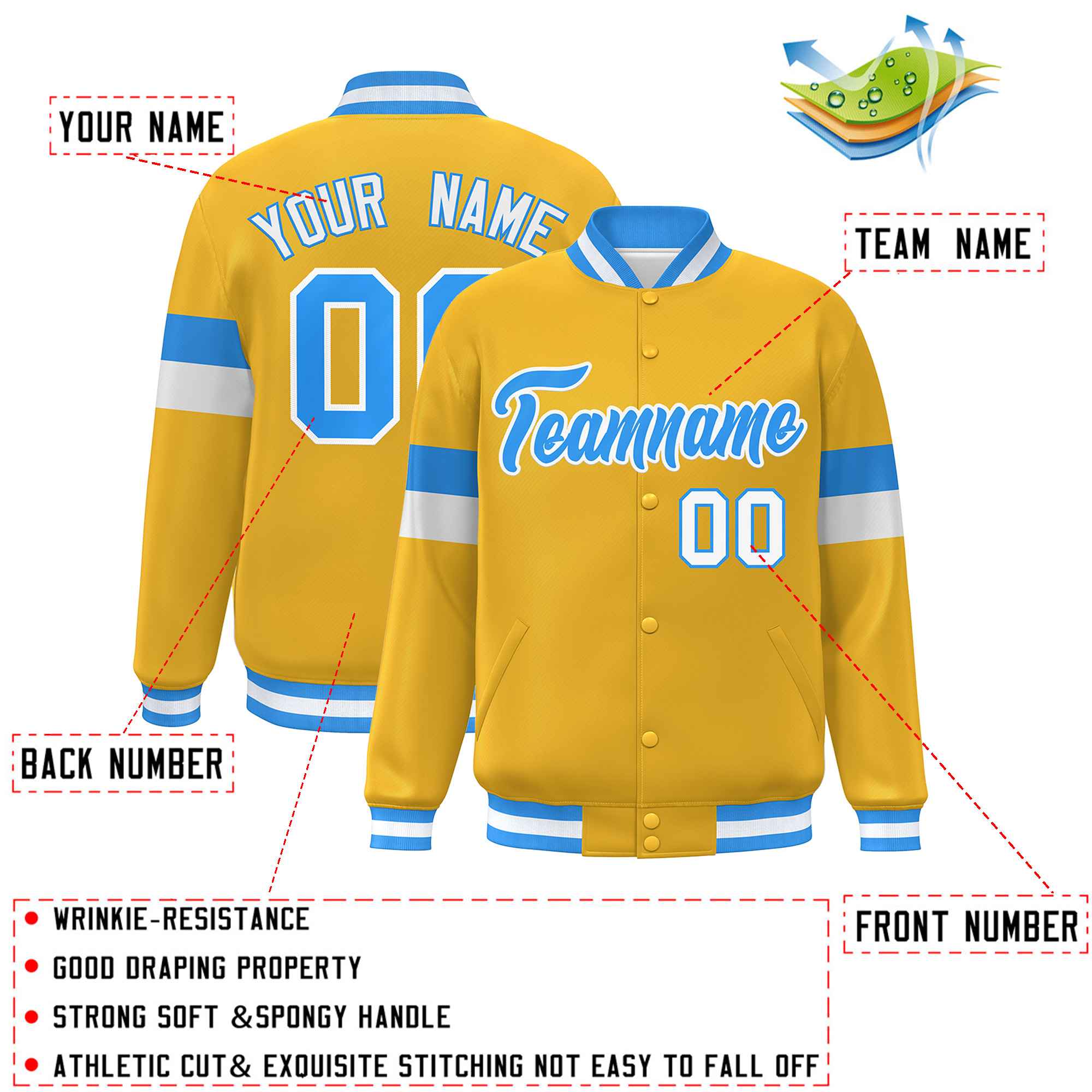 Custom Gold Powder Blue-White Color Block Bomber Varsity Full-Snap Baseball Jacket