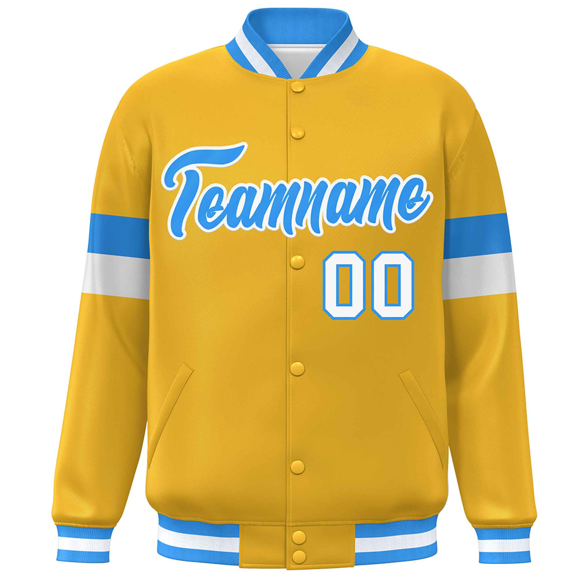 Custom Gold Powder Blue-White Color Block Bomber Varsity Full-Snap Baseball Jacket