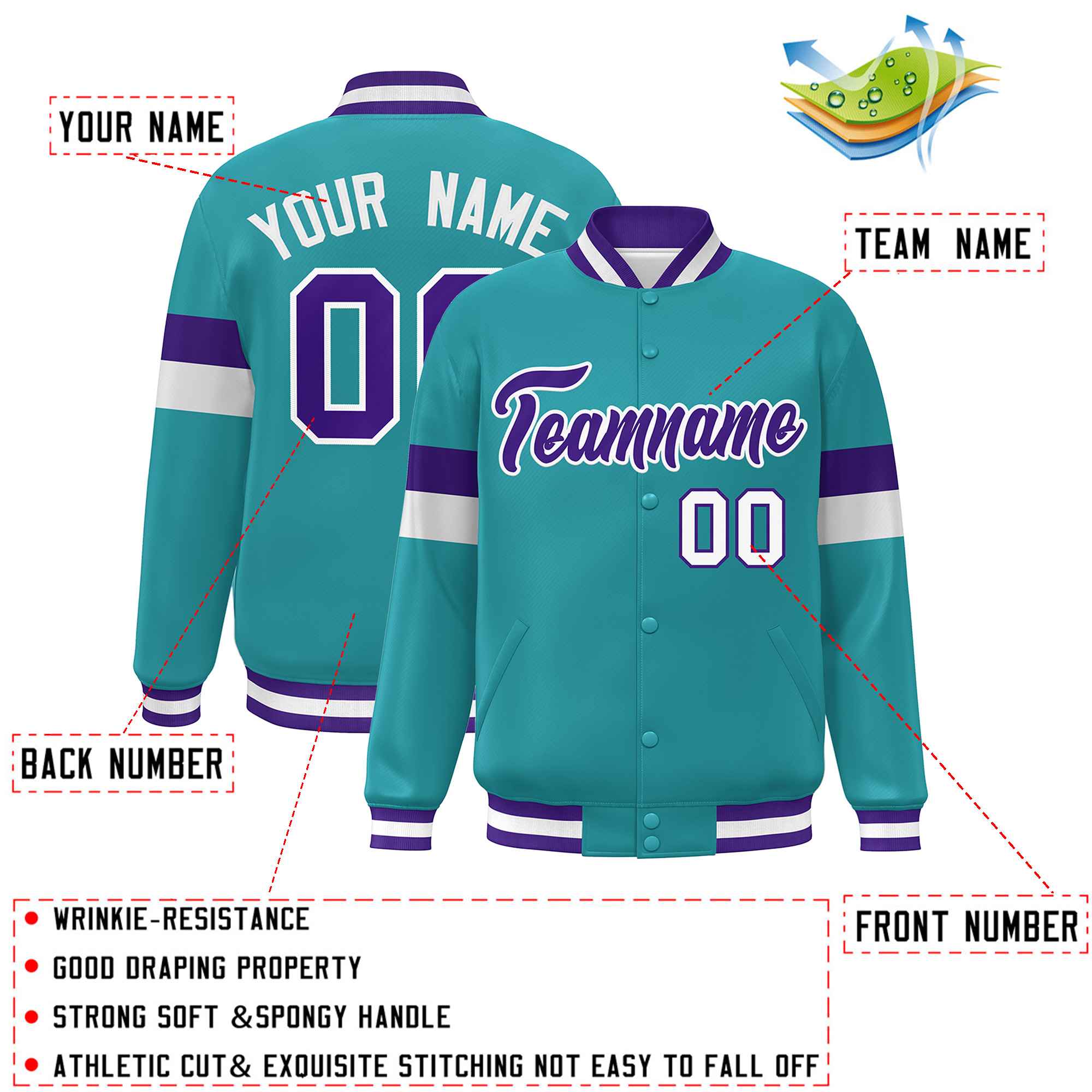 Custom Aqua Purple-White Color Block Bomber Varsity Full-Snap Baseball Jacket