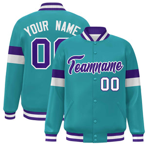 Custom Aqua Purple-White Color Block Bomber Varsity Full-Snap Baseball Jacket