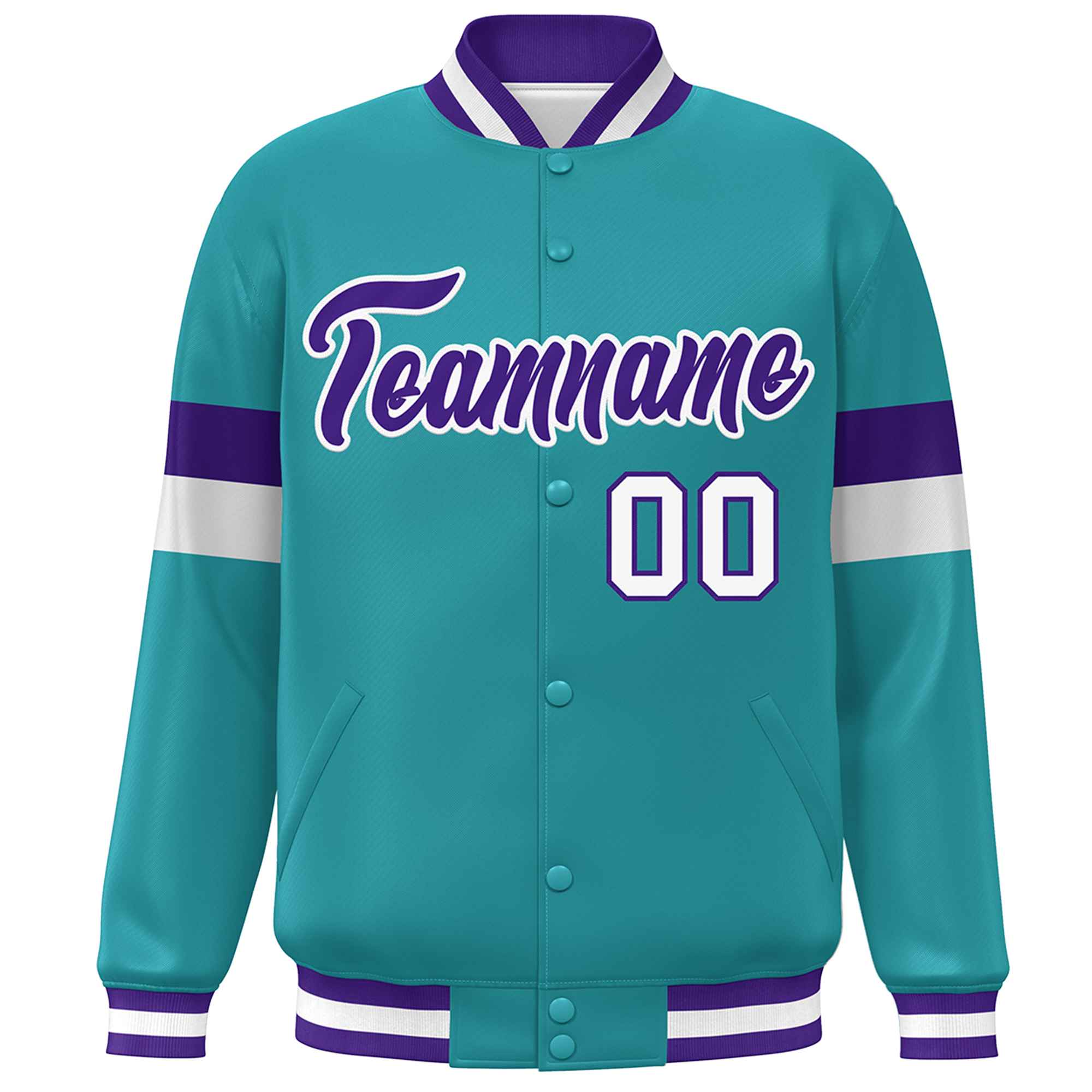 Custom Aqua Purple-White Color Block Bomber Varsity Full-Snap Baseball Jacket