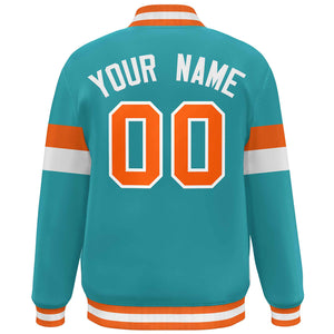 Custom Aqua Orange-White Color Block Bomber Varsity Full-Snap Baseball Jacket