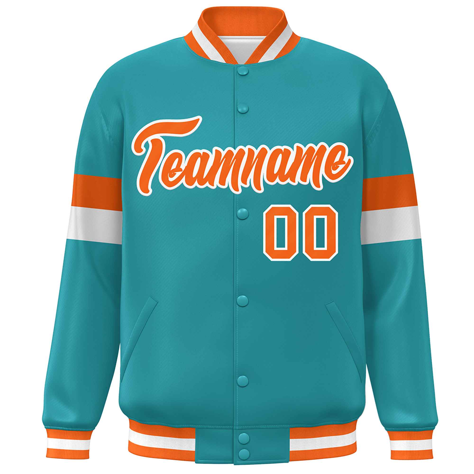 Custom Aqua Orange-White Color Block Bomber Varsity Full-Snap Baseball Jacket