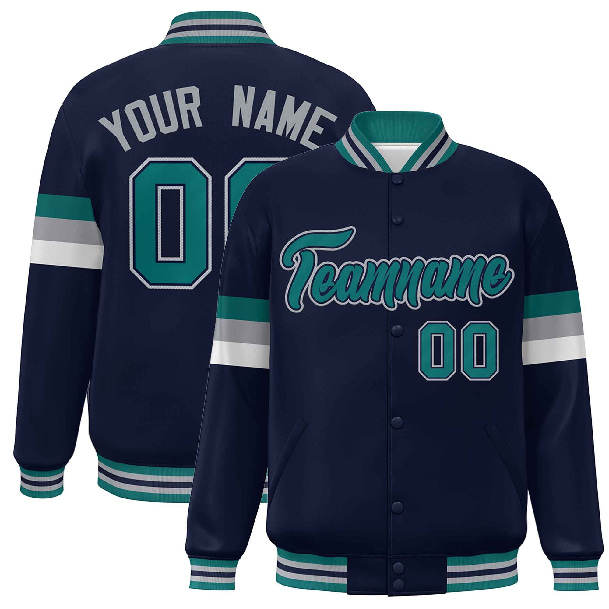 Custom Navy Aqua-Gray Color Block Bomber Varsity Full-Snap Baseball Jacket