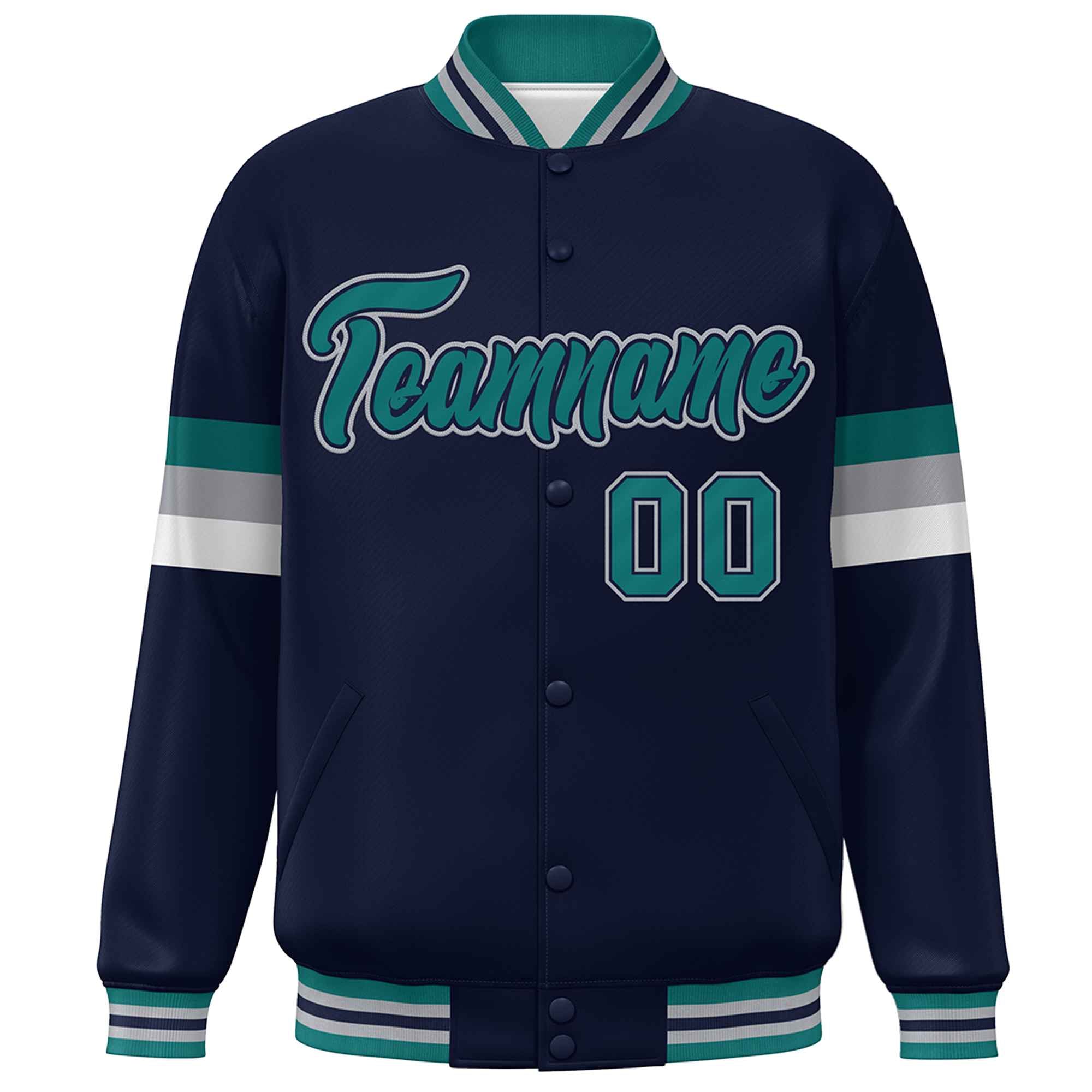 Custom Navy Aqua-Gray Color Block Bomber Varsity Full-Snap Baseball Jacket