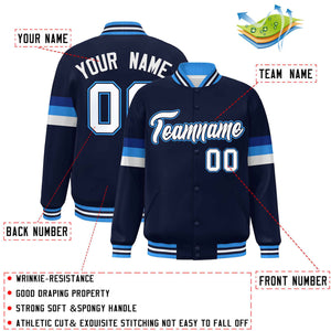 Custom Navy White-Powder Blue Color Block Bomber Varsity Full-Snap Baseball Jacket