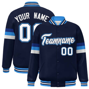 Custom Navy White-Powder Blue Color Block Bomber Varsity Full-Snap Baseball Jacket