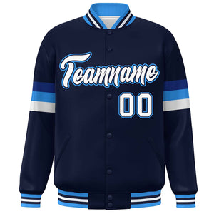 Custom Navy White-Powder Blue Color Block Bomber Varsity Full-Snap Baseball Jacket