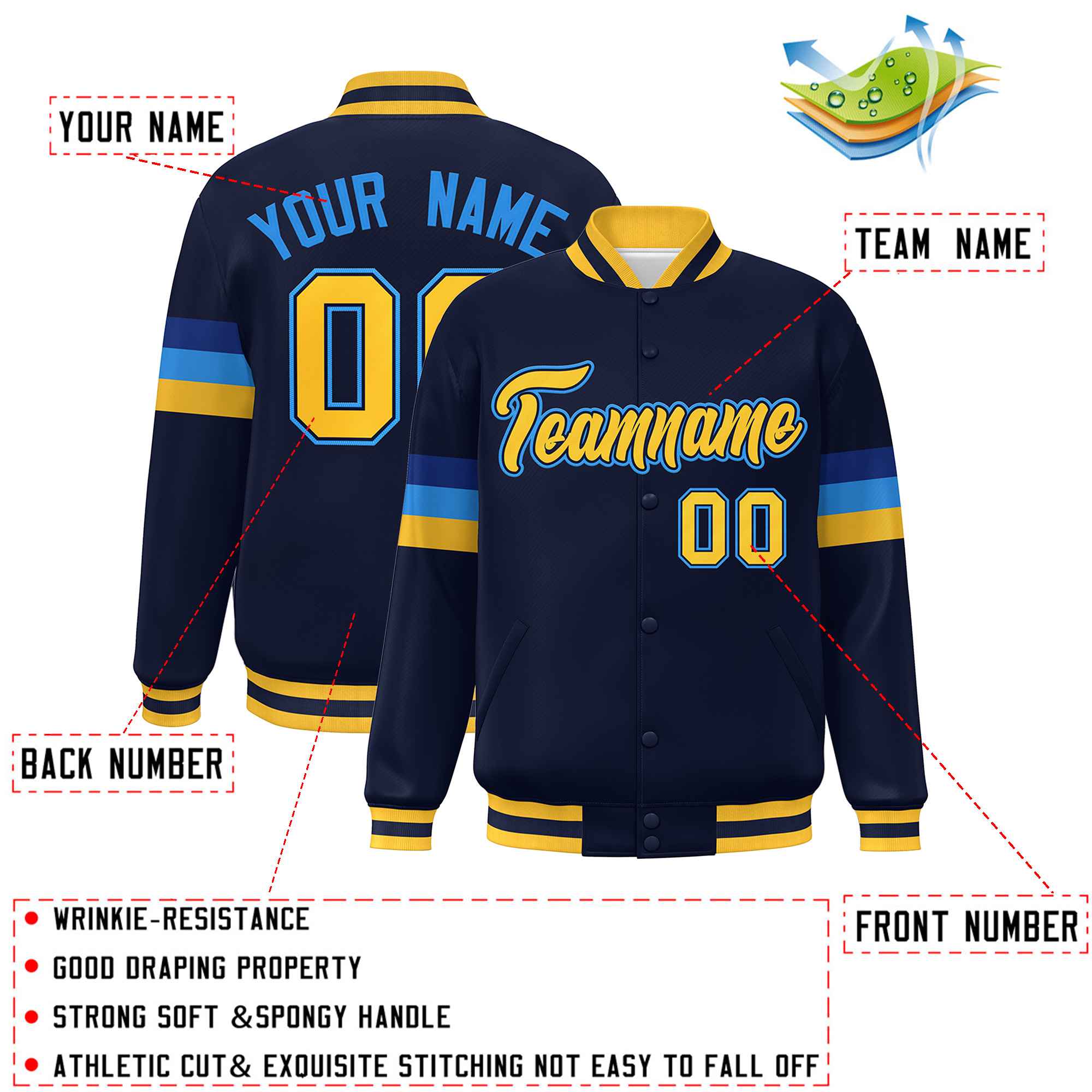 Custom Navy Gold-Powder Blue Color Block Bomber Varsity Full-Snap Baseball Jacket