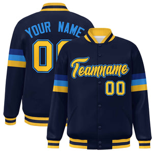 Custom Navy Gold-Powder Blue Color Block Bomber Varsity Full-Snap Baseball Jacket