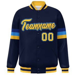 Custom Navy Gold-Powder Blue Color Block Bomber Varsity Full-Snap Baseball Jacket